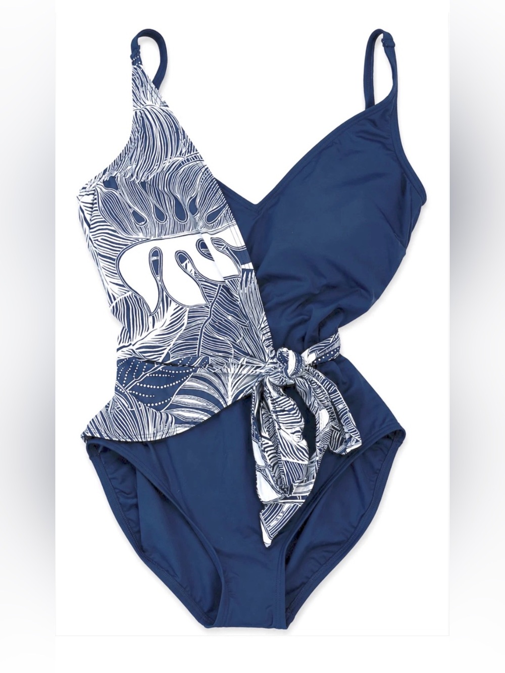 SUN OCEAN SAND X TALBOTS INDIA INK BLUE V-NECK WRAP FORAL ONE PIECE SWIMSUIT 12
